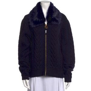 TORY BURCH Contraire Merino Wool Cable Knit Faux Fur Sweater Bomber Jacket XL